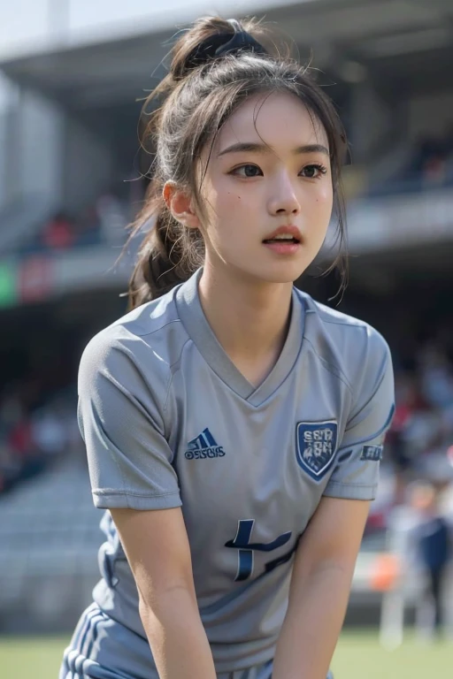 beautiful detail, best quality, 8k, highly detailed face and skin texture, high resolution, cute asian girl in grey soccer uniform at stadium, sharp focus