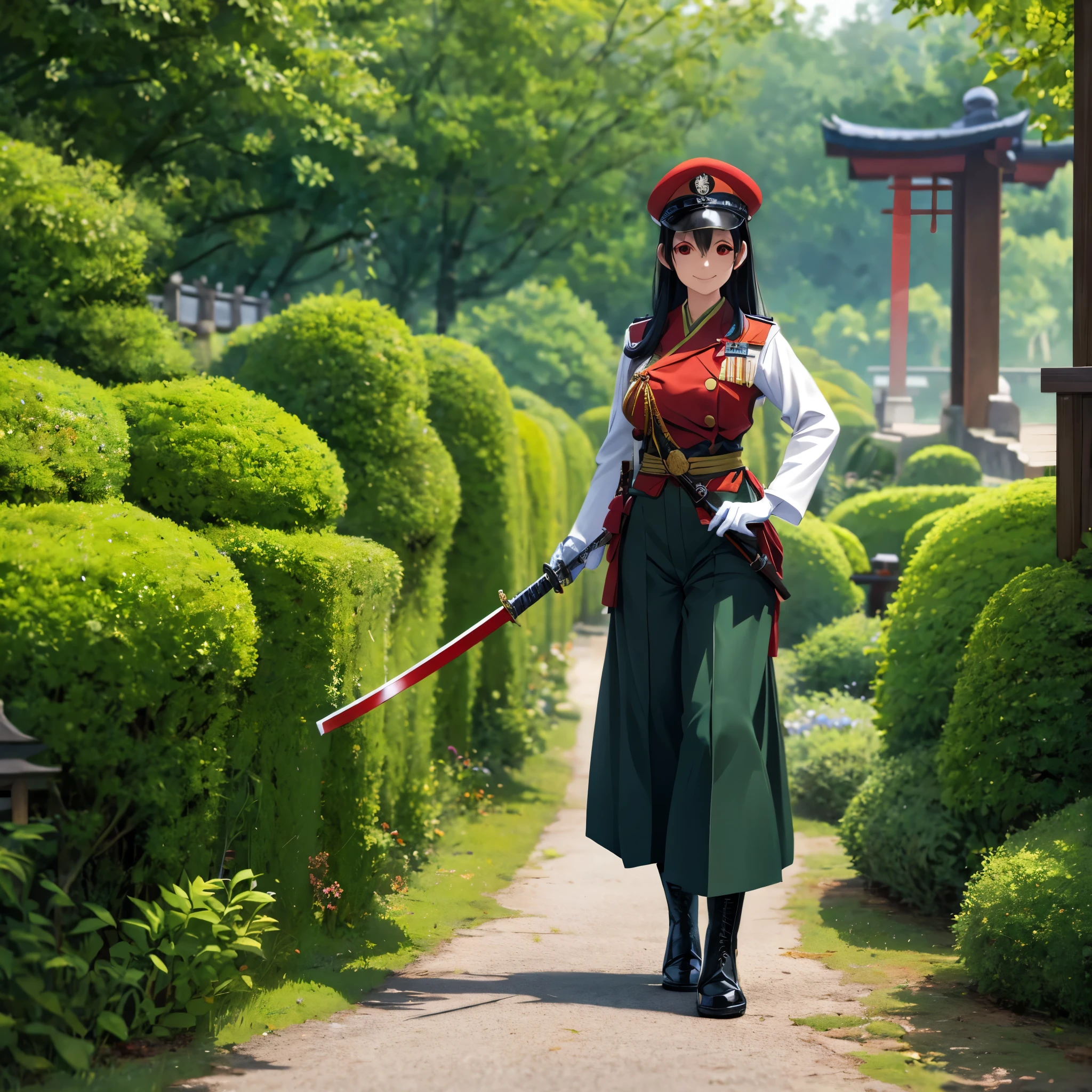 a woman wearing a Japanese military uniform from the Second World War, moss green Japanese military hat, moss green pants, military boots, holding a katana without a sheath, long black hair, red eyes, white gloves, smiling, full body, walking in a Japanese garden with military base in the background,HDR, ultra resolution, well defined, masterpiece, 8K HD. (solo woman)
