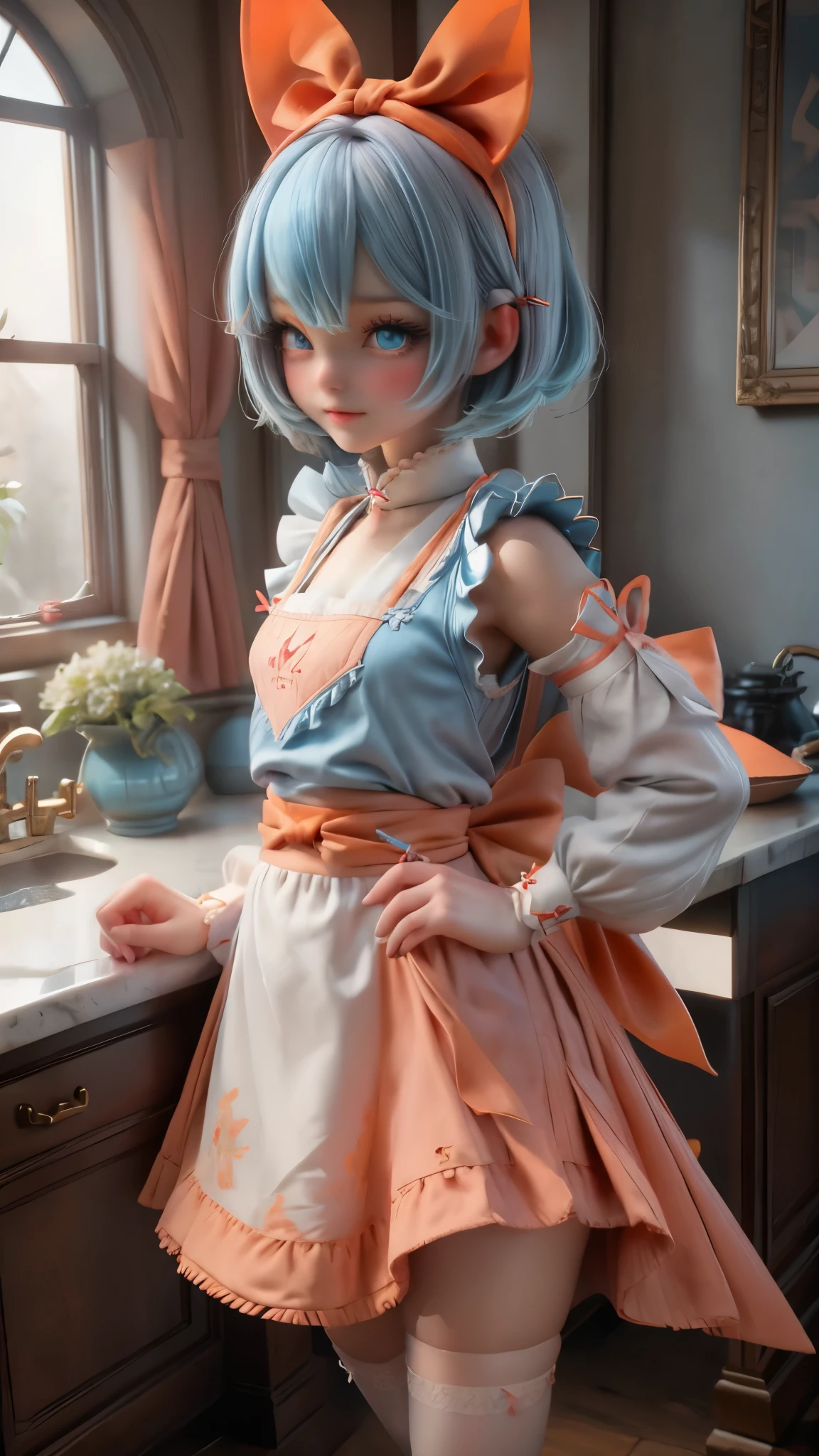 masterpiece,best quality,anime,(2d:1.2),indoors, ,  1girl, roswaal mansion maid uniform, solo, maid, cyan blue eyes, short hair,bow hairband, hair between eyes, detached sleeves, looking at viewer, red hairband,ribbon, bangs, looking back, bow, orange hair,red ribbon, black sleeves, window, long sleeves, apron, white bow, frills,ribbon trim,light smile, own hands together,