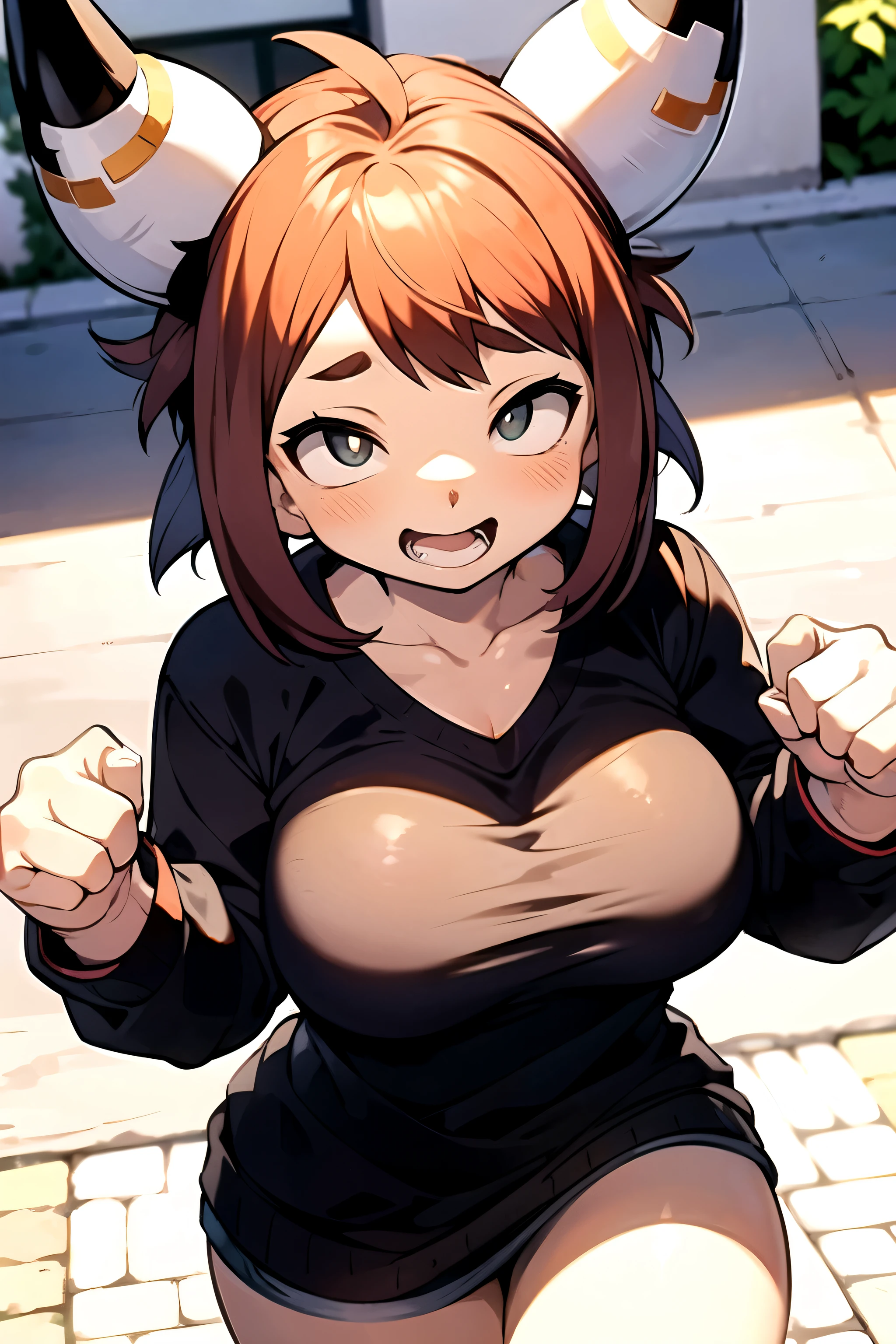 Anime girl with horns and a black shirt posing for a picture - SeaArt AI