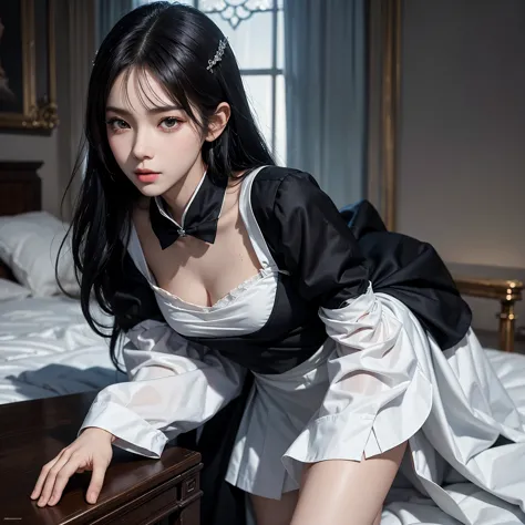 (1 girl solo, 1 sexy woman, princess maid, black hair, fluffy bub cut, maid uniform:1.4), (leaning forward:1.3), (hands on knees...