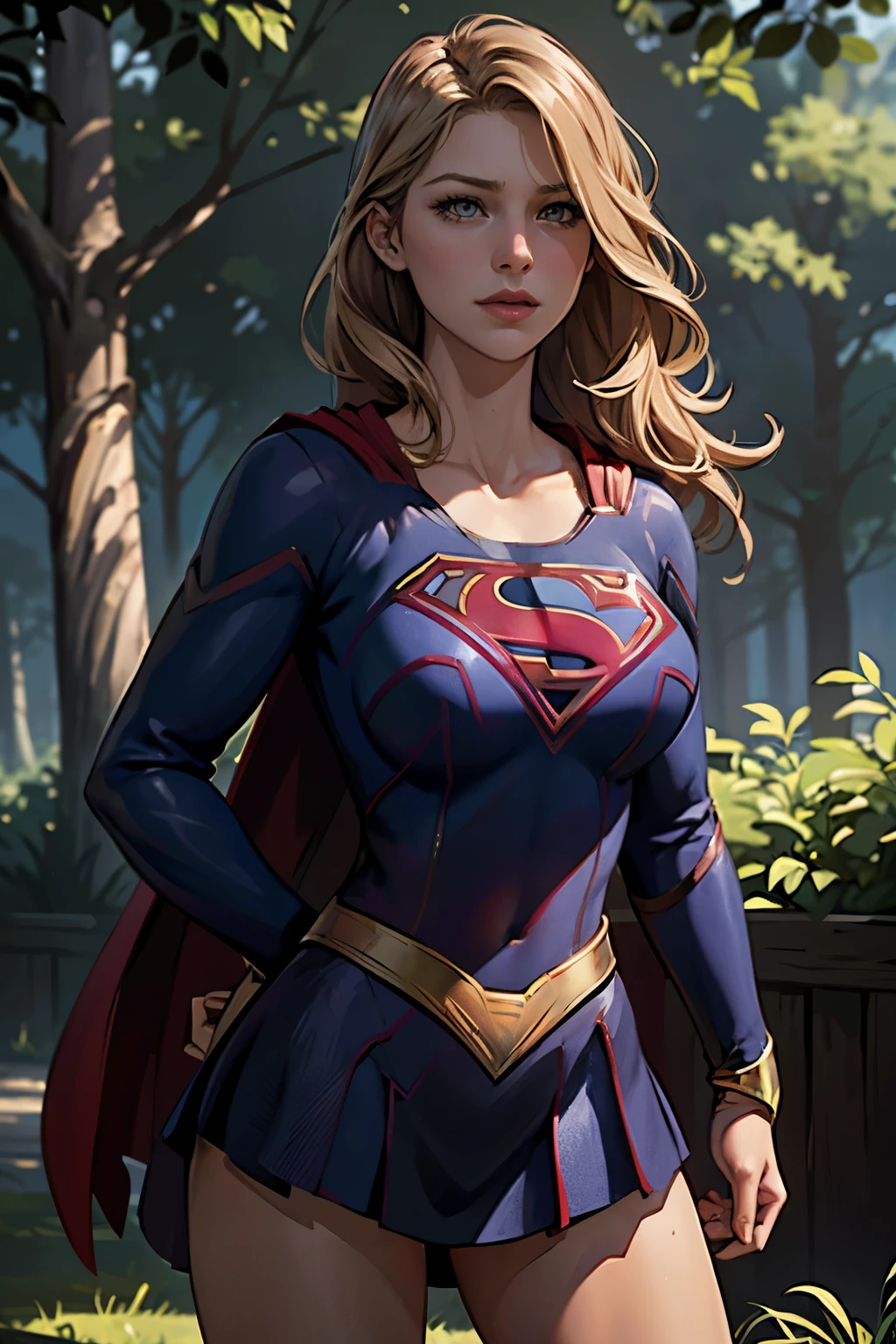 ((highest quality)), ((masterpiece)), (be familiar with), (High definition), (Realistic), (Realistic), (Best Shadow), Low contrast, (Complex:1.4), Side lighting, 8K, ((melissa Benoist)), ((SUPER GIRL)), Perfect Face、Detailed、(Accurate hand and finger depiction)、supergirl women、Blonde、Voluptuous body、((Large Breasts))、Narrow waist、Big Ass、Alluring、glamorous、((Bust Shot))、sweating、On the grass、in the deep forest、blue sky、((Bust up:1.2))