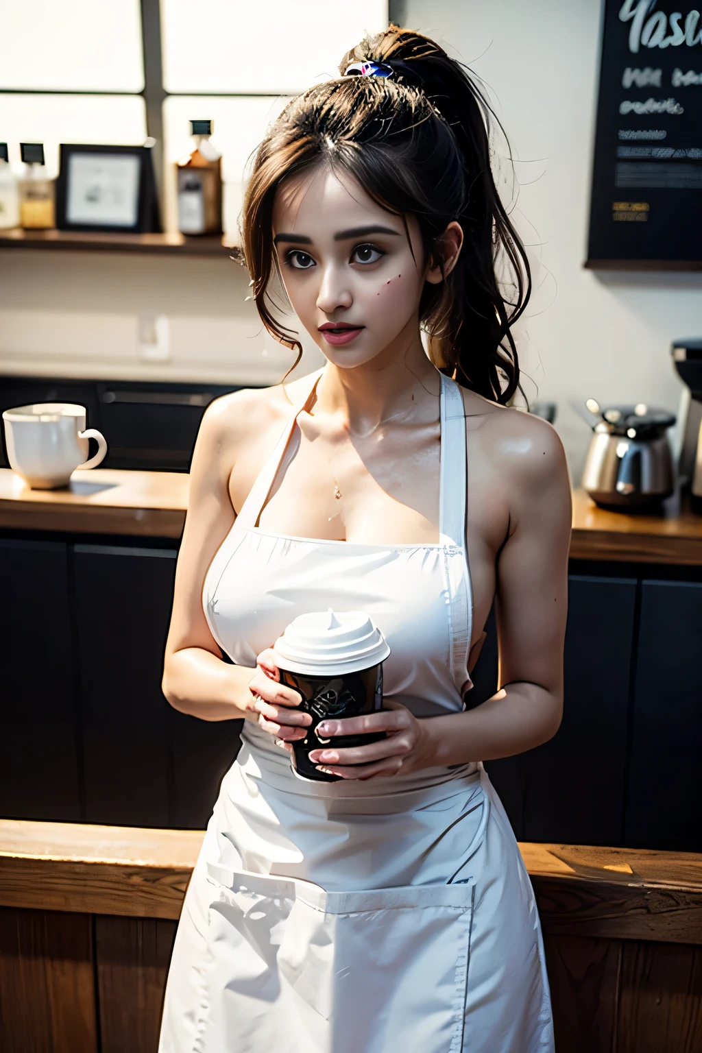 A Disha Patani in a Starbucks uniform makes coffee，double-ponytail，Big breast, breast out，Slightly chubby figure，Clothes and skin are soaked all over，（wet clothes：1.8），Reflective skin，Sweaty skin，high high quality、tmasterpiece、Hyper-Resolution、barechested、naked apron、wearing apron、full bodyesbian