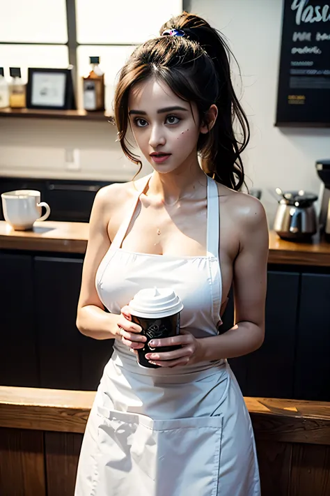 A Disha Patani in a Starbucks uniform makes coffee，double-ponytail，Big breast, breast out，Slightly chubby figure，Clothes and ski...