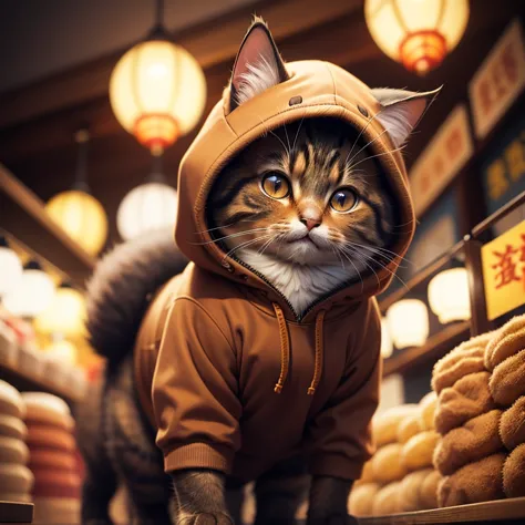 fluffy brown cat, highly detailed cat and fur, wearing a dark brown hoodie, Roaming in the Chinese market, Highly detailed image...