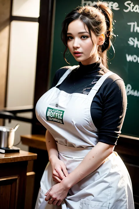 A Jennifer Lawrence in a Starbucks uniform makes coffee，double-ponytail，Big breast, breast out，Slightly chubby figure，Clothes an...
