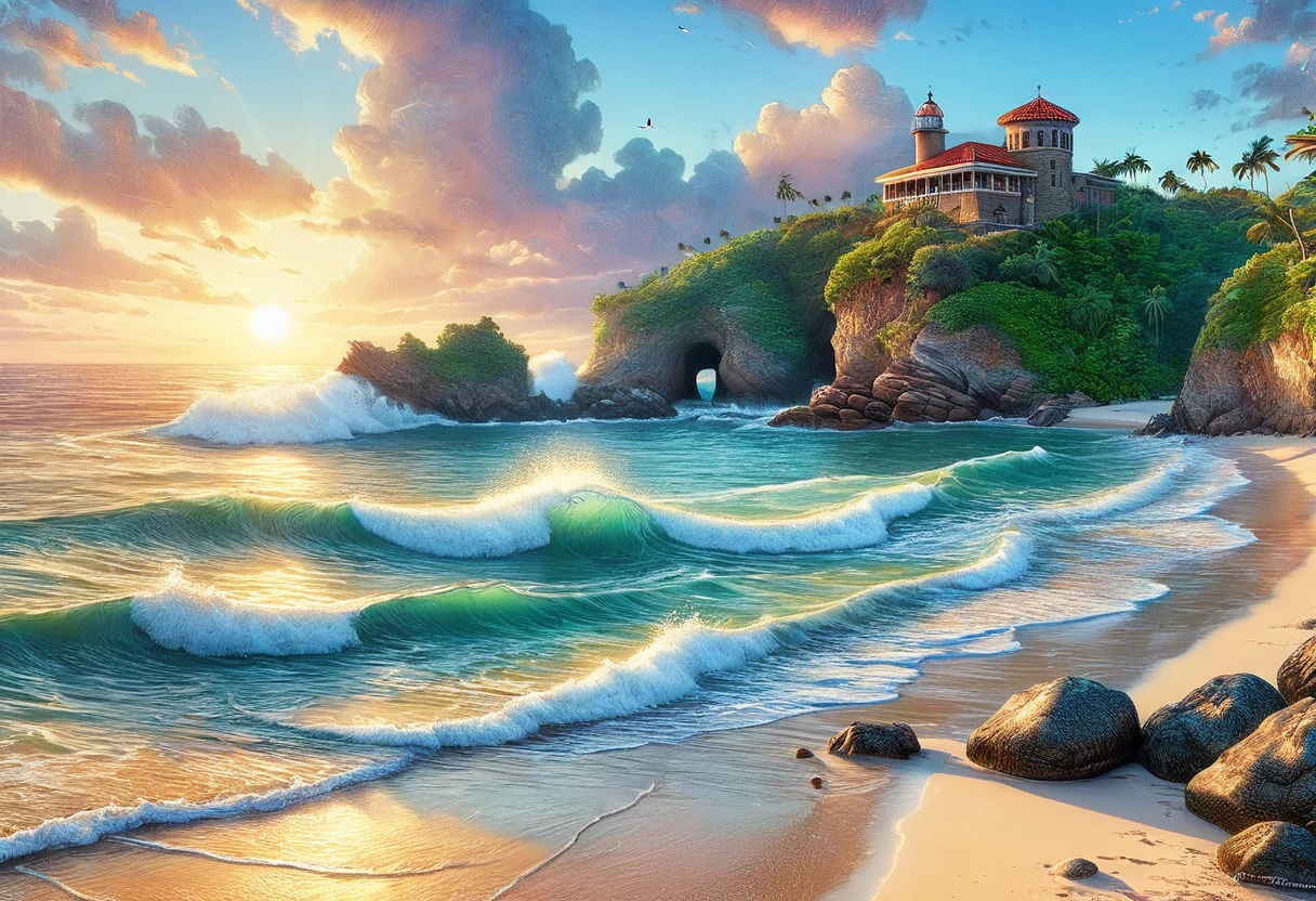 Blue Coast, beautiful paradise beach, cliffs ,majestic, rocks ,waves breaking on the coast, crabs, turtles, seagulls, movie dawn, Highly detailed, hyper realistic, perfect, masterpiece, 8k, best photography, awarded, the highest quality in photographs