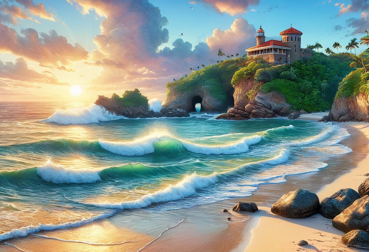 costa azul, linda praia paradisíaca, falésias ,majestoso, rocas ,ondas quebrando na costa, caranguejos, tartarugas, Gaivotas, amanhecer do filme, Altamente detalhado, hiper-realista, perfeito, Obra-prima, 8k, melhor fotografia, premiada, a mais alta qualidade em fotografias