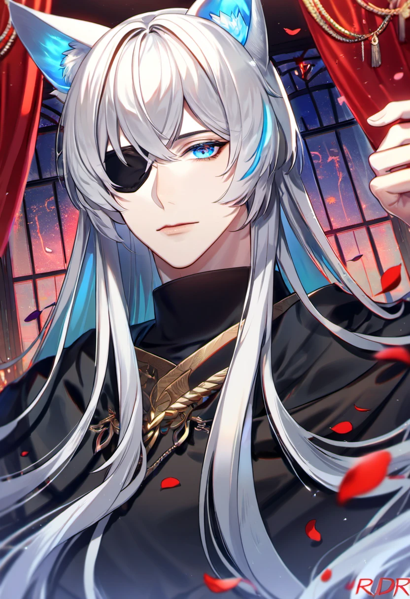 absurdres, highres, ultra detailed, HDR, master piece, best quality, perfect face, delicate features, beautiful eyes, Rai, long silver hair, cat ears, expressive blue eyes, black eye patch on the left eye, Lamento beyond the void, solo, man, handsome, black cape, tight black turtleneck shirt, red curtains, petals, window