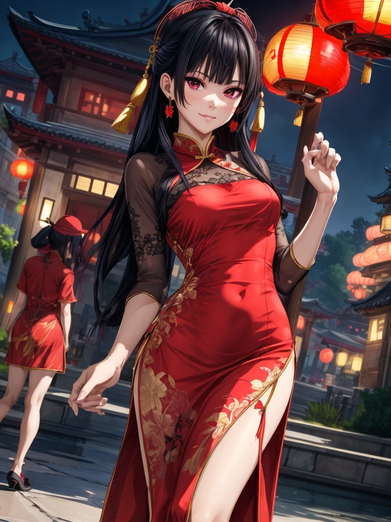 8k, Top quality masterpiece, woman, (Gentle shape), Perfect Face解剖学に基づいた正確無比な描写, Perfect Fingers, Perfect Face, Hanfu Dress, sexy, Charm, blushing shyly, Look at me through the gap between your hands, Look at me sideways, womanらしい柔らかそうな身体, Thin fabric Chinese dress, Tower, red lantern Tower