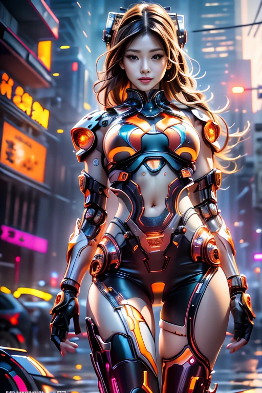 Virtual image,Realistic 8K images,hips up,Masterpiece,Complete Anatomy,Complete dynamic composition,morning sun,Light hits the front,young woman with long brown hair,staring at me.,A small but cute smile,The machine is connected to the machine......,Wear headphones with bright neon lights......,alone,,Has tattoos on his upper arms and stomach......,complicated details,strange details,future world,Above expectations,cyberpunk ,Elegant cyberpunk,ลายไทย Thai motive,.,Hot cyberpunk,cybernetic robot((Orange-White-Red-T cyberpunk figure....)),Bikini body-,Jeans shorts,white tank top,The background is a magnificent golden hall.