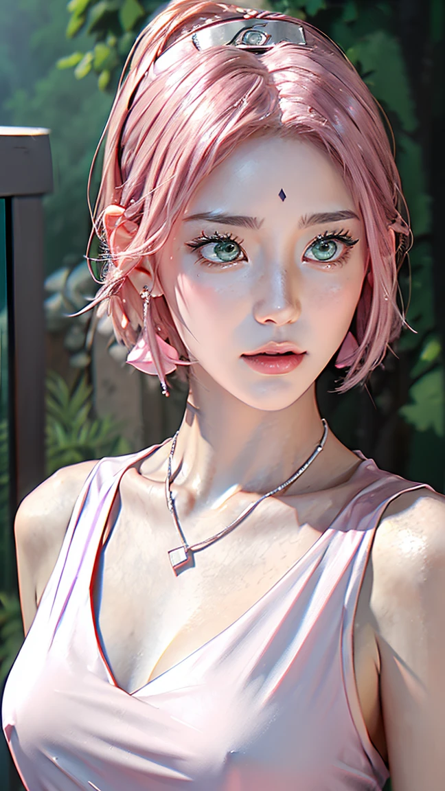 1 girl, 最high quality, masterpiece, High resolution, Pink short ponytail,Green Eyes、((Office casual suit))、(((whole body)))、Big Breasts、Cleavage, necklace(Naruto&#39;s forehead protector around his neck),hair band、 jewelry, Beautiful Face,、I&#39;looking forward to it, (((whole bodyビュー))), Realistic, Outdoor, modern square, Two-tone lighting, (Skin with attention to detail: 1.2), 8k Ultra HD, Digital SLR, Soft Light, high quality, Volumetric Light, Frank, photograph, High resolution, 4K, 8k, Background Blur