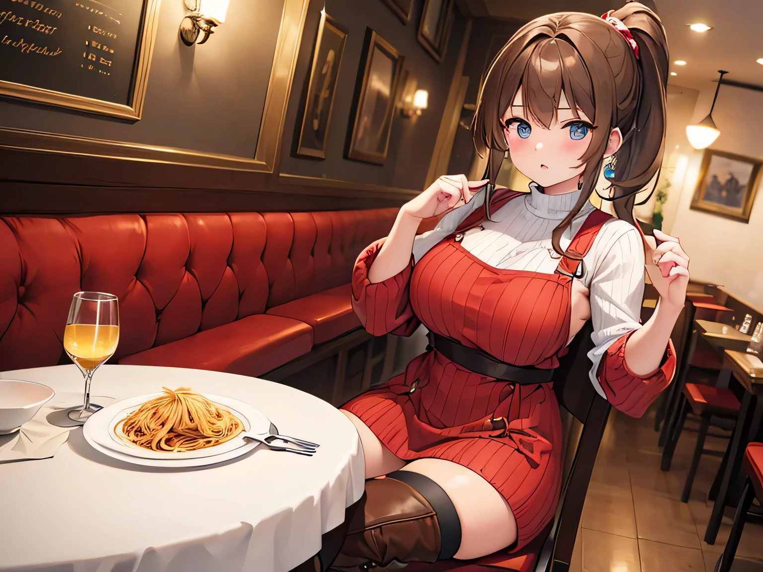 (Masterpiece, top quality, high resolution, realistic photo, realistic looking skin:1.1),
(A woman is sitting in a chair at a table in a pasta restaurant:1.8),
(She looks furious at us: 1.5),
(She is wearing a red long-sleeved mini knit dress:1.8),
(She is wearing a red long-sleeved mini knit one-piece dress made of ribbed material that shows off her curves:1.5),
(She is wearing long brown boots:1.8),
(She has brown hair in a medium ponytail:1.5),
(The location is a chair at a table in a pasta restaurant:1.5),
1 Japanese girl, solo, full bodied esbian, beautiful eyes, glowing eyes, glowing thighs, NSFW