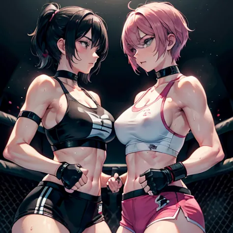 two beautiful female fighters, each slamming their fists into the other's body in the octagon, in a battle royal between two bea...