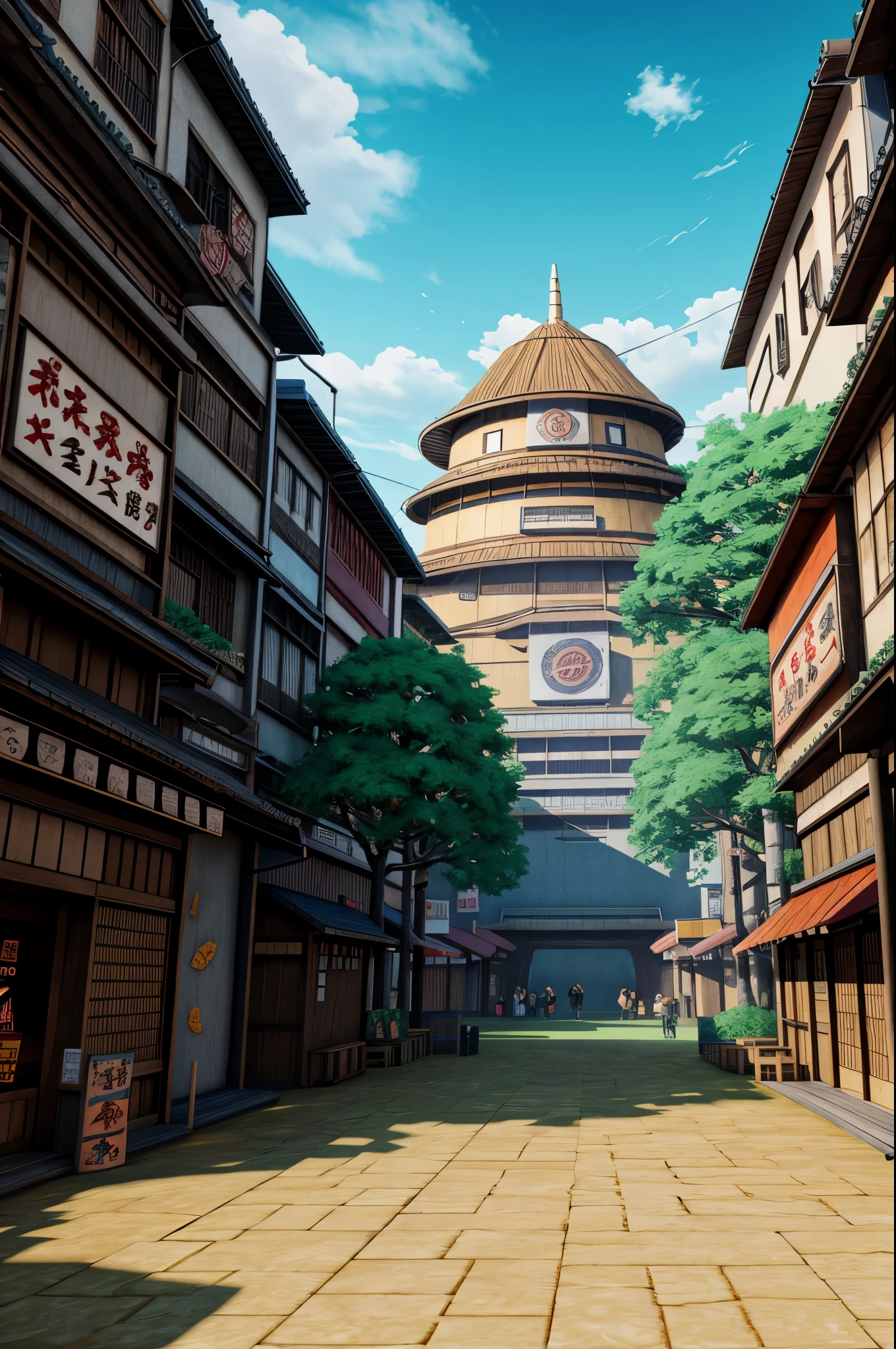 (best quality), high quality, very high resolution, (ultra detailed), 8k, (hyper realistic),Ray Tracing, Leaf Village, crowd, landscape, NARUTO, Ramen shop, Ramen Ichiraku