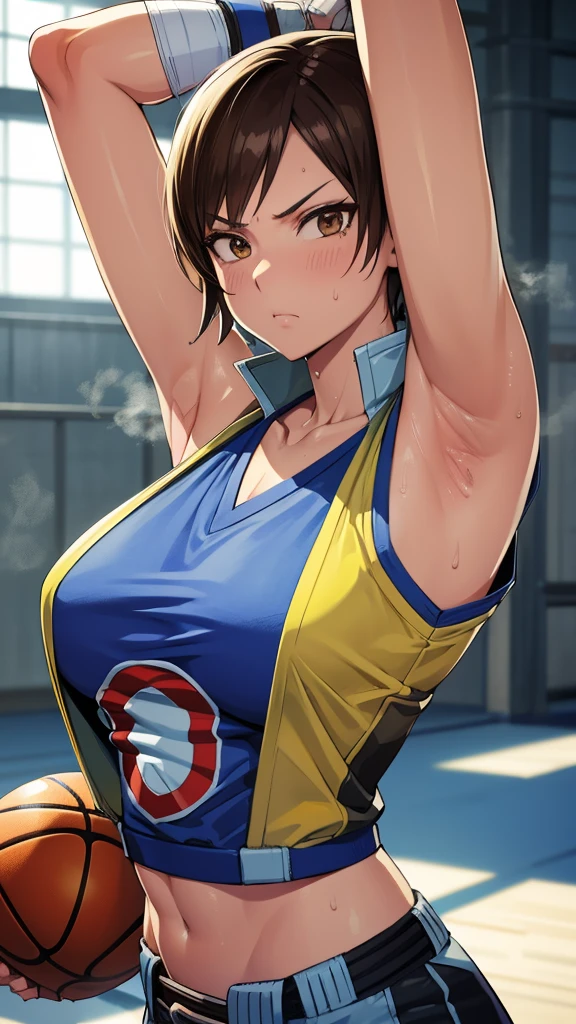 Asuka Kazama, Tekken, Nahaufnahme einer Person in einer Basketballuniform, ein Bild, inspiriert von Kentaro Miura, Trends auf Pixiv, trägt ein gelbes NBA-Trikot, yellow CROPTOP nba jersey, wearing a low cut CROPTOP, wearing CROPTOP, CROPTOP, goldener Raito, (zwinkert), Shirobako, groß, Lieblingsszene, feine Details. Anime-Serie. skins, Schwitzen, große Brüste, beide Hände erhoben, Achseln, Achseln visible, schweißnass, mehr mehr Schweiß, sweaty Achseln.