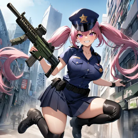 a woman wearing an american police uniform, dark blue t-shirt, dark blue skirt, dark blue military hat, black boots, long hot pi...