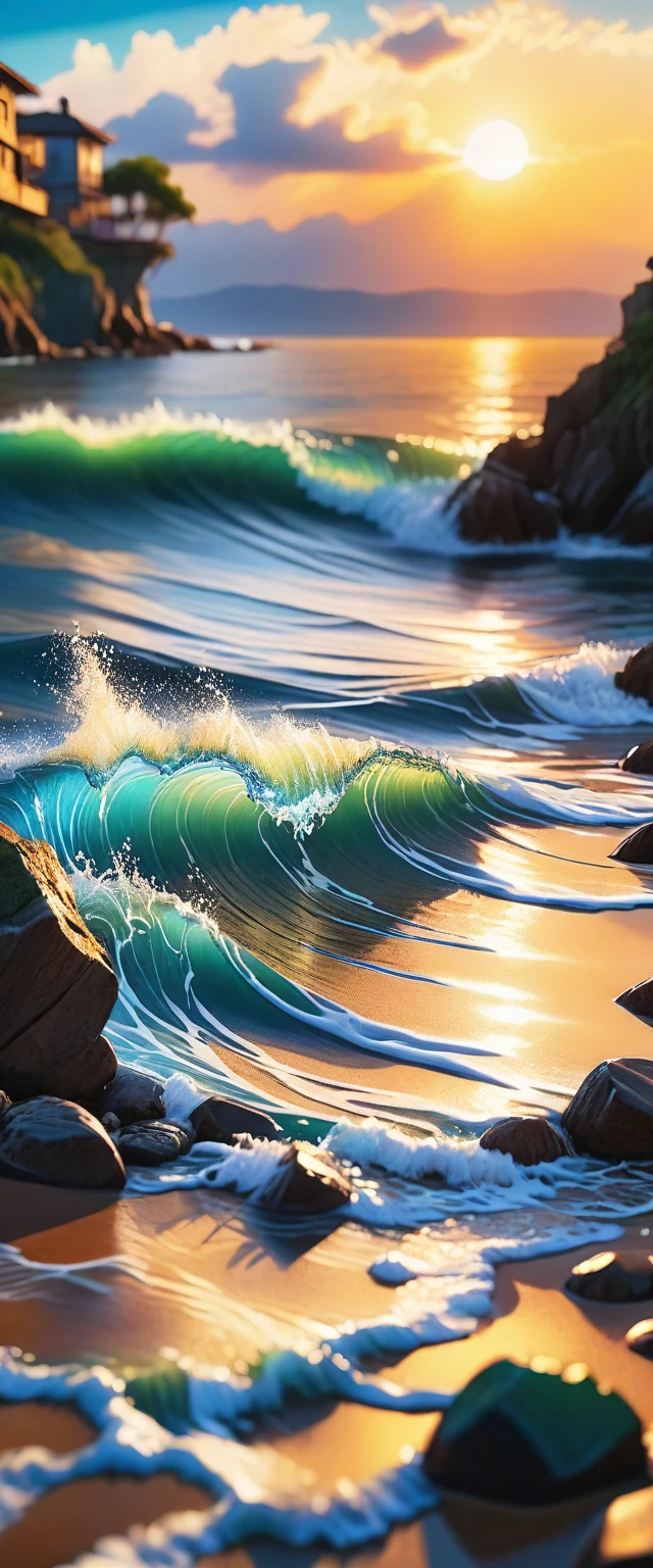地面拍攝,非常美麗的藍色海岸的照片, 藍色海岸與美麗乾淨的海洋浪花,西格瑪 24 毫米 F/1.4,1/1000秒快門,ISO 400,黄金时段,#品質(8K,极其细致的 CG 单元壁纸, 傑作,高解析度,top-品質,top-品質 real texture skin,超现实主义,提高解析度,原始照片,最好的品質,非常詳細,墙纸,電影燈光,射线追踪,黃金比例,), 休息 ,美麗的風景,美麗的城市燈光,美丽的城市,上帝_射线,鏡頭光暈,