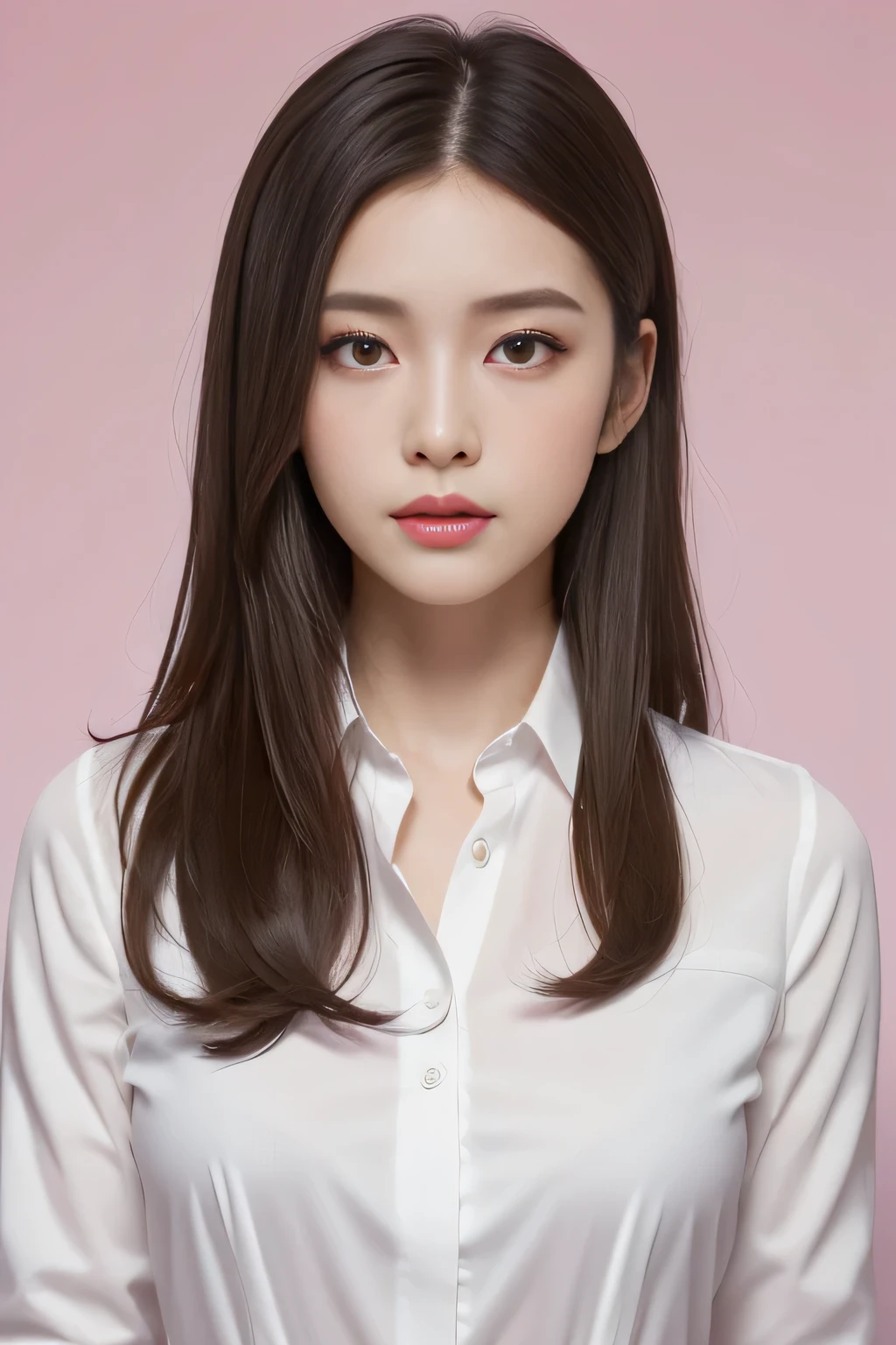 Generate with SFW, (1 girl:1.3), Upper Body Shot, Japanese, 17 year old supermodel, the body is slim, high school girl, (from before), (highest quality:1.4), 32k resolution, (Realistic:1.5), (Ultra-realistic:1.5), High resolution UHD, (masterpiece:1.2)), (Improvement of quality:1.4), (Very beautiful facial details), (Highest quality realistic skin texture:1.4), (Perfect Anatomy:1.2), (Are standing:1.37), ((school uniform)), ((Black tie, White long sleeve blouse shirt:1.21)), Black pleated skirt, (Do not emphasize the top of the bust), ((pink background color:1.15)), Accurate Fingers, Very detailed, Symmetrical eyes, Fine eyelashes, Thinly trimmed eyebrows, View audience, Natural Makeup, [Pink lipstick], ((A good eye for quality:1.2)), (tired, Sleepy and satisfied:0.0), (Beautiful Lips:1.33), (Great nose:1.2), ((Physically Based Rendering of the Background:1.37)), (medium breast), Tight waist, (Heavy chest:1.05, slim lower body), Brown Hair, (layered hair:1.37), Anxious face, Gentle light illuminates the face and body, Spectacular and inspiring cinema lighting