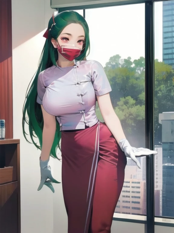 1woman, solo, nurse, nurse cap, white wear, ((red legwear, zettai ryouiki)), white gloves, forehead, long hair, green hair, pink eyes, ((white surgical mask, covered nose)), standing, ((hospital room)), sharp outline, short sleeves, mature female, 20 years old, best quality, masterpiece