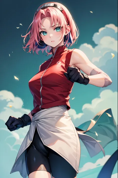 (masterpiece, best quality:1.2), expressive eyes, perfect face, highres, 1girl, solo, harunoshipp, hairband, forehead protector, sleeveless shirt, gloves, bike shorts, fighting stance, standing, upper body, looking at the viewer
