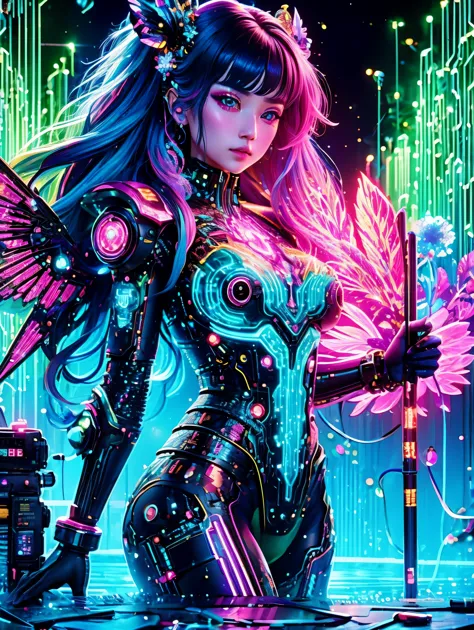 (Neon)，Circuit Board，(1girl:1.3)，Cyberpunk succubus warrior in neon mecha armor，Holding a staff in a pool of blood，Luminescence的...