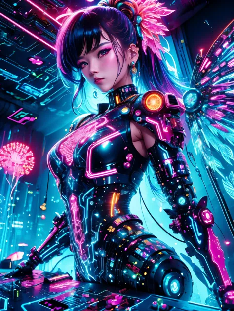 (Neon)，Circuit Board，(1girl:1.3)，Cyberpunk succubus warrior in neon mecha armor，Holding a staff in a pool of blood，Luminescence的...