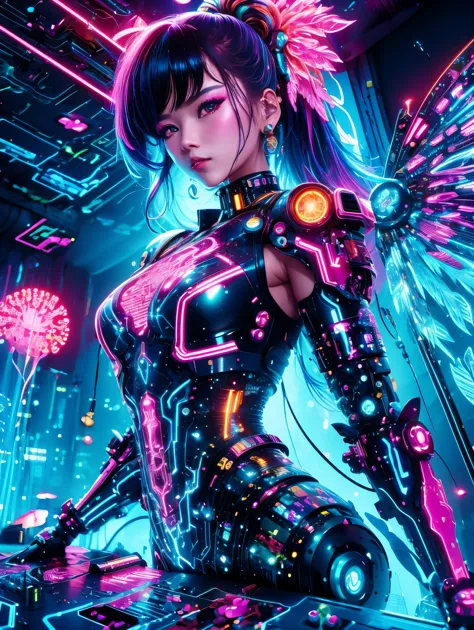 (neon)，circuit board，(1girl:1.3)，cyberpunk succubus warrior in neon mecha armor，holding a staff in a pool of blood，luminescence的...