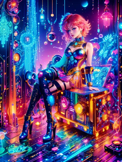 (Neon)，Circuit Board，(1girl:1.3)，(Beautiful Girl:1.2)，(Sailor Moon Fighting)，(Short red messy hair)，kaleidoscope，(Cyberpunk)，Ste...