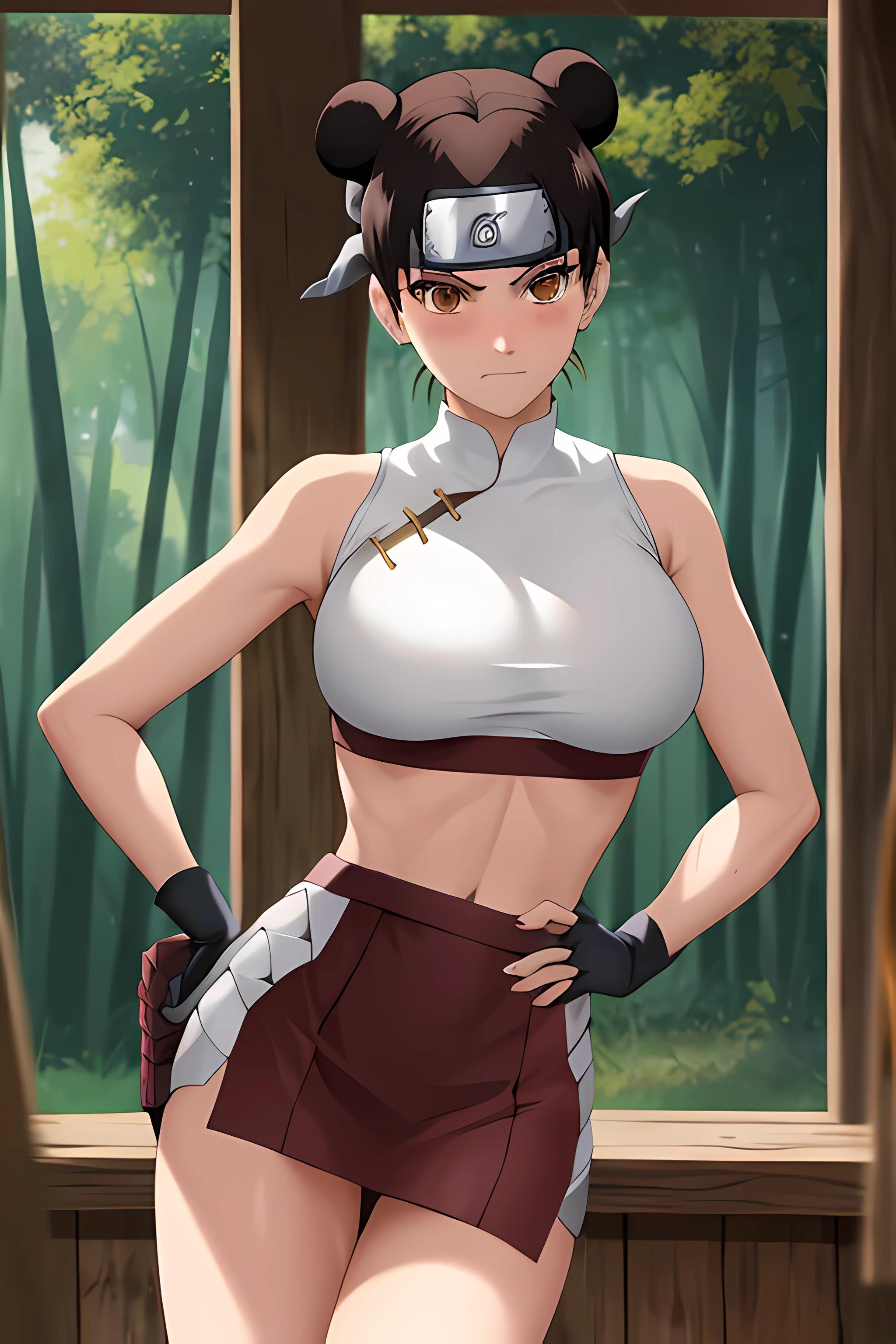 masterpiece, absurdres , (intricate details), (colorful),cinematic lighting,bust shot,extremely detailed CG unity 8k wallpaper,tenten\(shippuden\), 1girl, solo, miniskirt ,(white window crop top), hand on hip,forehead protector, konohagakure symbol, headband, looking at viewer, outdoors, bamboo forest, frown, (large breasts), (skinny waist), ((sexy pose)), (blushing)