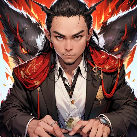 cartoon man in a suit and tie，there is a dragon in the background, dragon pattern set, author：yang jie, human-dragon fusion, han...