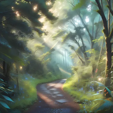 fork in the road, beast paths, at evening, lost forest, fantasy, ((masterpiece, best quality, ultra-detailed, an extremely delic...
