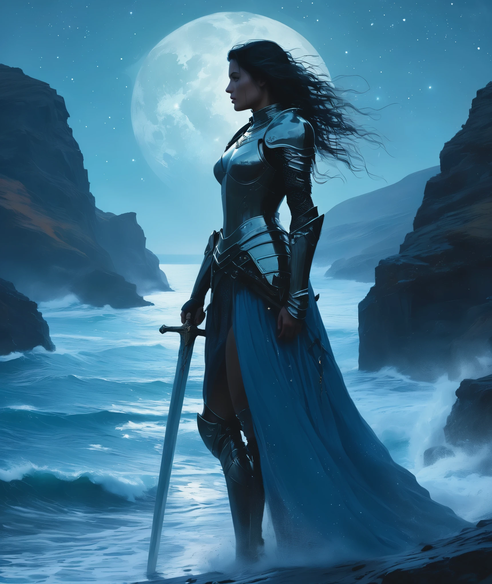 (Exquisite, 4k, 8k, high resolution, masterpiece: 1.2), minimalist journey, anatomically correct, female warrior, a sword, handle, steel armor, flowing black hair, confident expression, brave posture, Strong body, elegant silhouette, windswept coast, stunning scenery, blue coastline under the stars, night, subtle color palette, cold blue and black tones, dappled starlight, soft shadows, ethereal Atmosphere, delicate brushwork, impressionistic style, solo