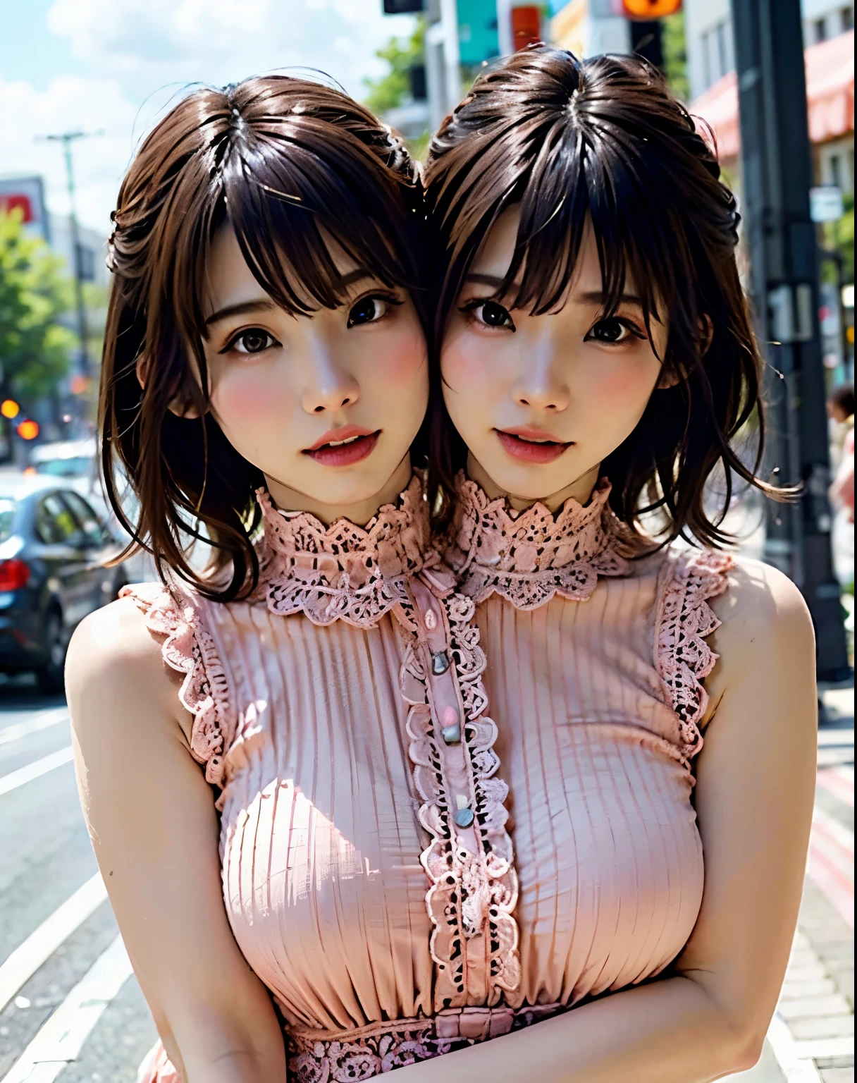 a woman posing on the street corner with pink dress on, best quality, high res, 8k, 1girl, (huge breasts), day, bright, outdoor, (street:0.8), (people, crowds:1), (lace-trimmed dress:1.5, pink clothes:1.5, pink high-neck dress:1.5, sleeveless dress, pink dress: 1.5), gorgeous, (medium hair), beautiful detailed sky, beautiful earrings, (dynamic pose:0.8), (upper body:1.2), soft lighting, wind, shiny skin, looking at viewer, conjoined_dicephalus, (two heads:1.2)