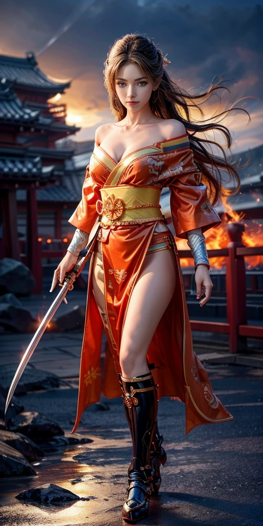 (RAW shooting, Photoreal:1.5, 8k, highest quality, masterpiece, ultra high resolution), Sengoku, fire thing:1.3, War fires raging everywhere:1.3, perfect dynamic composition:1.2, Highly detailed skin and facial textures:1.2, Slim female samurai with a sharp Japanese sword:1.3, Fight:1.2, beautiful and aesthetic, cute and sexy beauty, perfect style:1.2, wear elaborate rings, fire, water, Wind, thunder, ice, Fair skin, very beautiful face, (Medium chest, Chest gap), (embarrassing smile, The expression on your face when you feel intense caress, Facial expression when feeling pleasure), (Wearing a sexy Sengoku uniform:1.1, off shoulder), (beautiful blue eyes, Eyes that feel beautiful eros:0.8), (Too erotic:0.9, Bewitching:0.9), full body shot