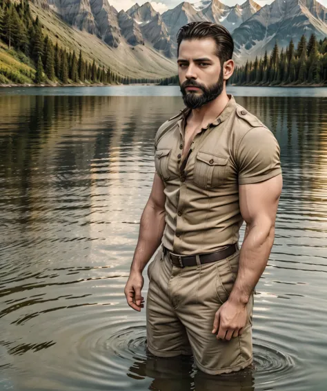 man with a beard and military shirt, standing at the edge of a lake, extremely handsome. (best quality,4k,8k,highres,masterpiece...