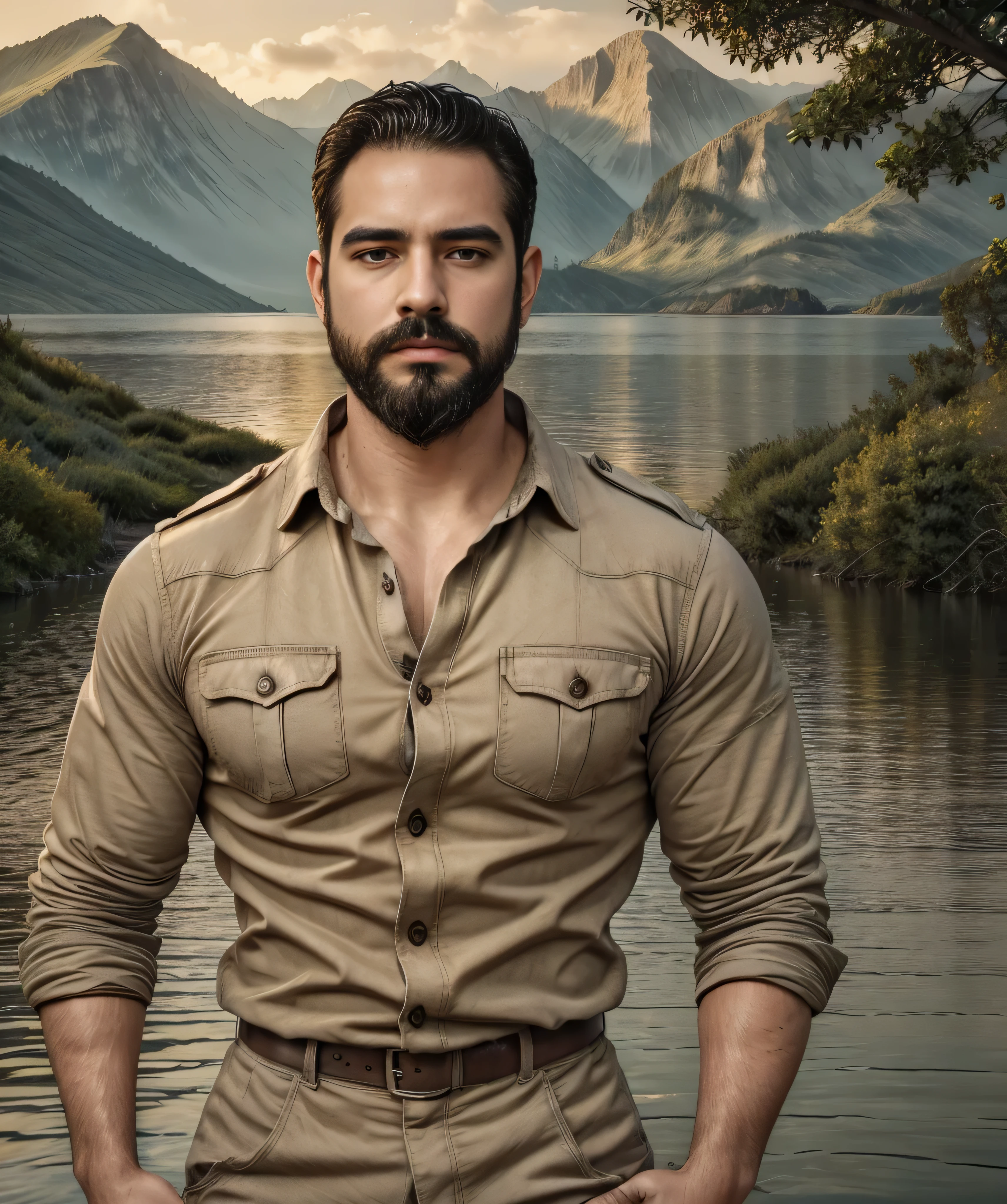 man standing on the edge of a lake, with vibrant colors, dramatic lighting, and a sense of tranquility. His beard and military shirt add a touch of ruggedness and strength to his otherwise serene presence. The water of the lake reflects the stunning surrounding landscape, enhancing the overall beauty of the scene. The man's piercing gaze and confident posture exude a sense of self-assurance and charisma. The composition is carefully balanced, with the man positioned slightly off-center, surrounded by the breathtaking natural elements. The medium used to create this artwork is a combination of digital illustration and photography, resulting in a visually striking and captivating image. The colors are rich and vibrant, with a warm color palette that brings out the peacefulness and beauty of the setting. The lighting is meticulously crafted to create a sense of depth and atmosphere, casting gentle shadows that highlight the contours of the man's face and body. The level of detail in this artwork is extraordinary, with every strand of hair and every crease in the man's shirt rendered with precision and realism. The overall quality of this artwork is top-notch, with a resolution of 4K or higher, ensuring that every minute detail is visible. It is a masterpiece that seamlessly combines realism and artistic interpretation, inviting viewers to immerse themselves in this captivating world.