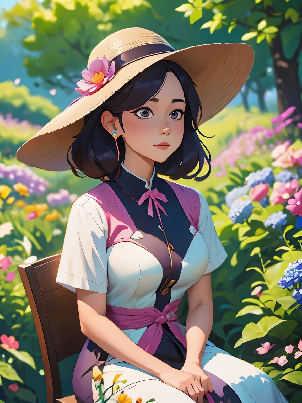 painting of a woman in a dress and hat sitting in a garden, an anime drawing by Yang J, Artstation, fantasy art, artwork in the style of guweiz, ”beautiful anime woman, beautiful character painting, beautiful anime portrait, made with anime painter studio, guweiz on artstation pixiv, beautiful anime woman