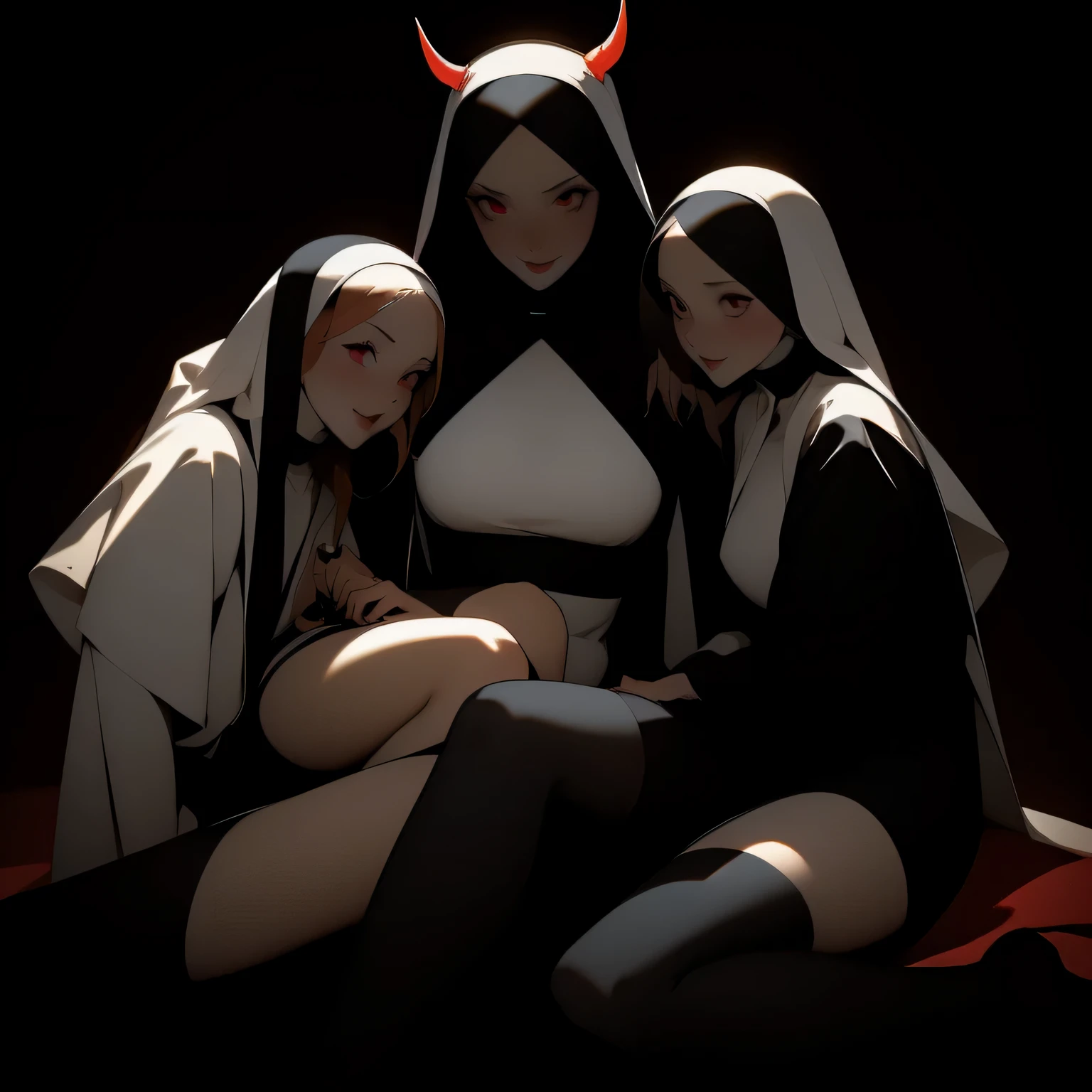 Dynamic shot, ((3 females)), A picture of 2 beautiful succubus girls and 1 sexy nun on a leash, ((2 demon girls and a nun)), nun, demons, beautiful demon girls, dark, sexy, nun on a leash, (golden leash), collar, horror, dark, beautiful bodies, slim, highly detailed faces, stockings, leather tight boots, from below, closeup