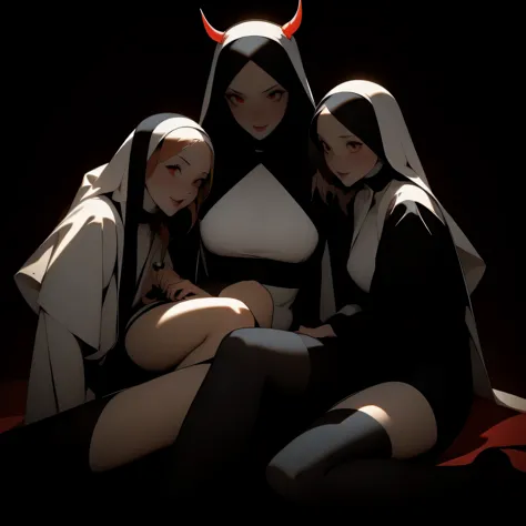 Dynamic shot, ((3 females)), A picture of 2 beautiful succubus girls and 1 sexy nun on a leash, ((2 demon girls and a nun)), nun...