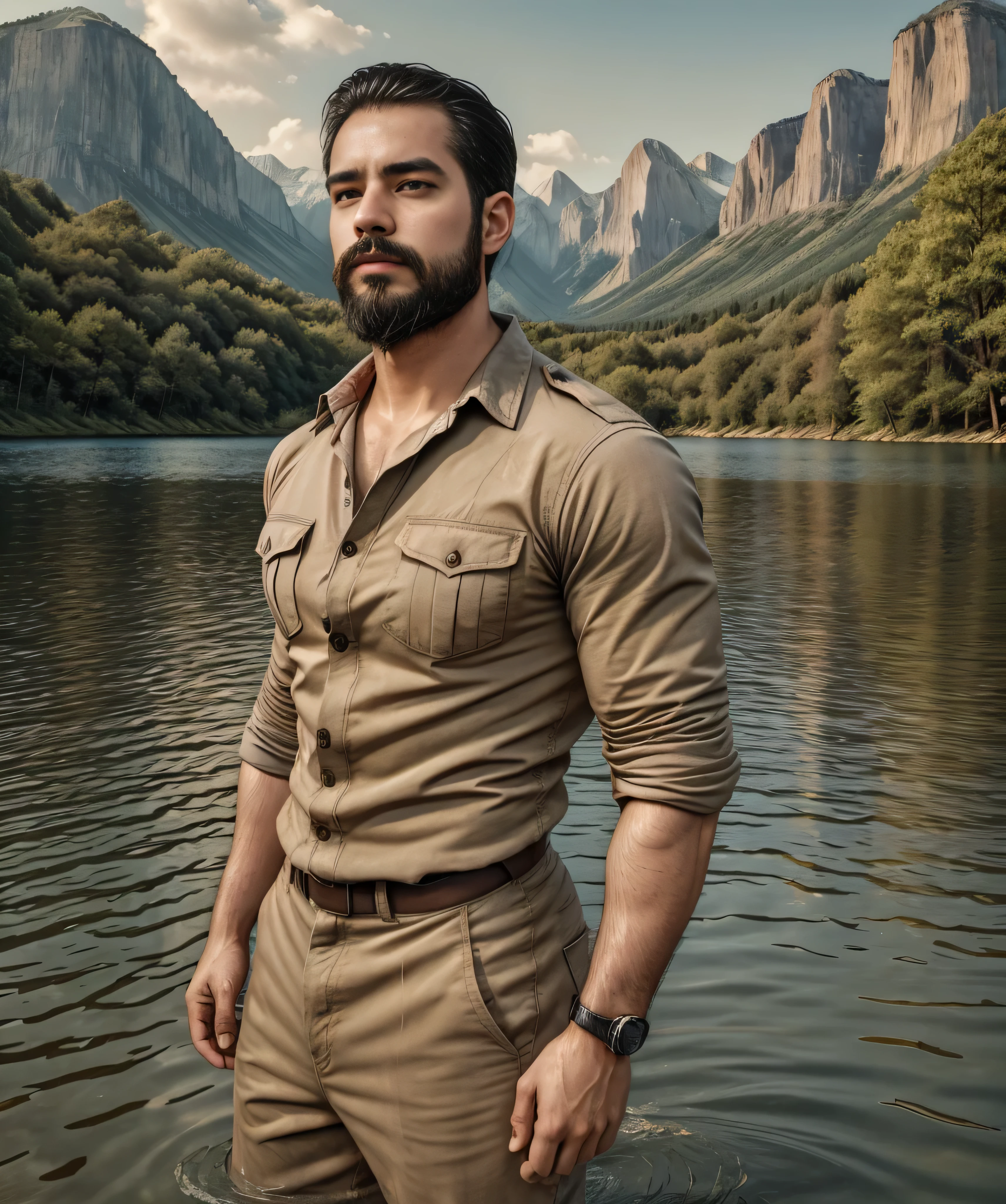 man standing on the edge of a lake, with vibrant colors, dramatic lighting, and a sense of tranquility. His beard and military shirt add a touch of ruggedness and strength to his otherwise serene presence. The water of the lake reflects the stunning surrounding landscape, enhancing the overall beauty of the scene. The man's piercing gaze and confident posture exude a sense of self-assurance and charisma. The composition is carefully balanced, with the man positioned slightly off-center, surrounded by the breathtaking natural elements. The medium used to create this artwork is a combination of digital illustration and photography, resulting in a visually striking and captivating image. The colors are rich and vibrant, with a warm color palette that brings out the peacefulness and beauty of the setting. The lighting is meticulously crafted to create a sense of depth and atmosphere, casting gentle shadows that highlight the contours of the man's face and body. The level of detail in this artwork is extraordinary, with every strand of hair and every crease in the man's shirt rendered with precision and realism. The overall quality of this artwork is top-notch, with a resolution of 4K or higher, ensuring that every minute detail is visible. It is a masterpiece that seamlessly combines realism and artistic interpretation, inviting viewers to immerse themselves in this captivating world.