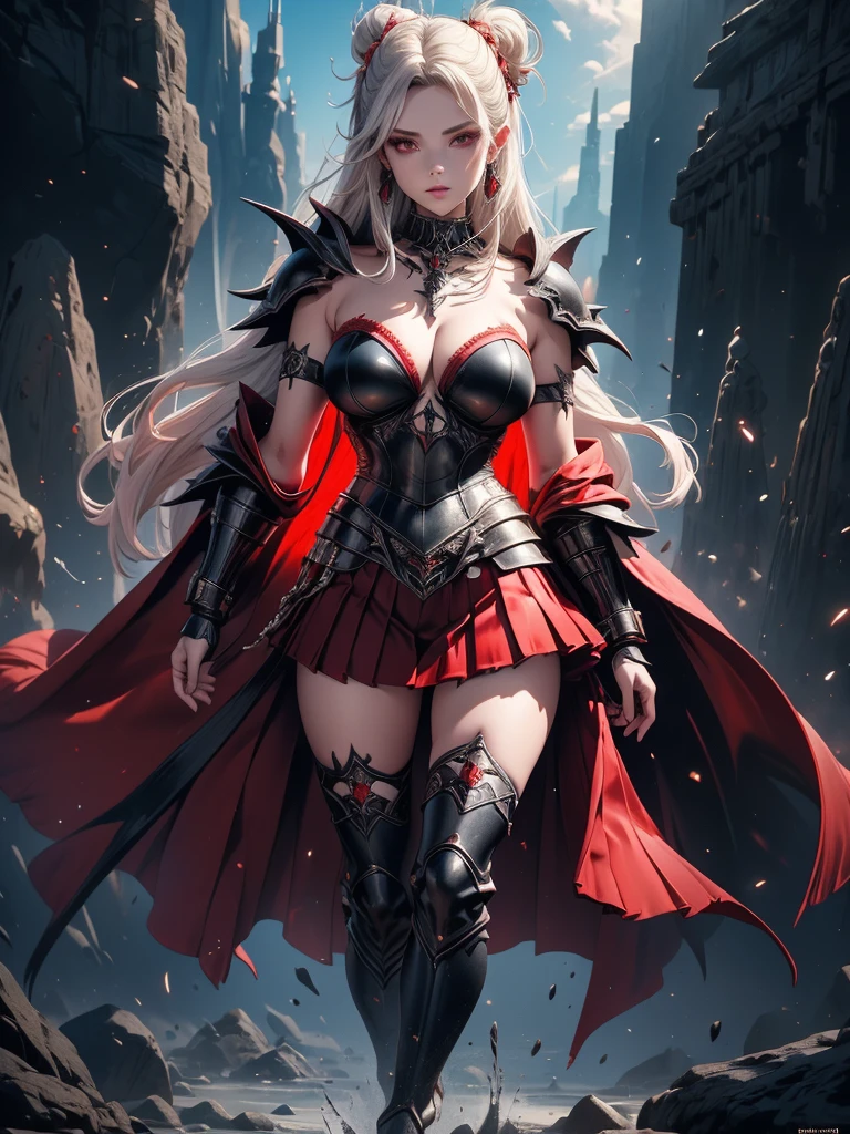 8k, RAW Portrait ,masterpiece、Realistic:1.2、Realistic, Ultra-high resolution, highest quality, Real Life Photos ,( in the evening :1.1), ((((1 female:1.5))))、(Cute face:1.3), Voluptuous, Busty White-Haired Female Dark Knight in ((((Black Full Metal)) Heavy Bikini Armor)), Red Eyes, (Thigh high Full Metal Armored Boots). (((Full Body View))), Long hair, Messy bun, (Red Cloak), (((Red Pleated Skirt))), detailed, perfect makeup, beautiful lips, large hoop earrings, (METAL bikini armor), No Helmet, (No Spikes), (Tall girl, Long legs), (Solo, 1girl), (Masterpiece, Detailed, 4k), perfect face, perfect lips, perfect makeup, dark eyeshadow, Unreal Engine 5, (Full Body Portrait), absurd resolution, high resolution, sharp image, vibrant colors