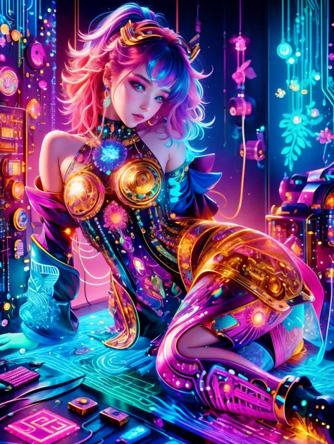 (Neon)，Circuit Board，(1girl:1.3)，(Beautiful Girl:1.2)，(Sailor Moon Fighting)，(Short red messy hair)，kaleidoscope，(Cyberpunk)，Ste...