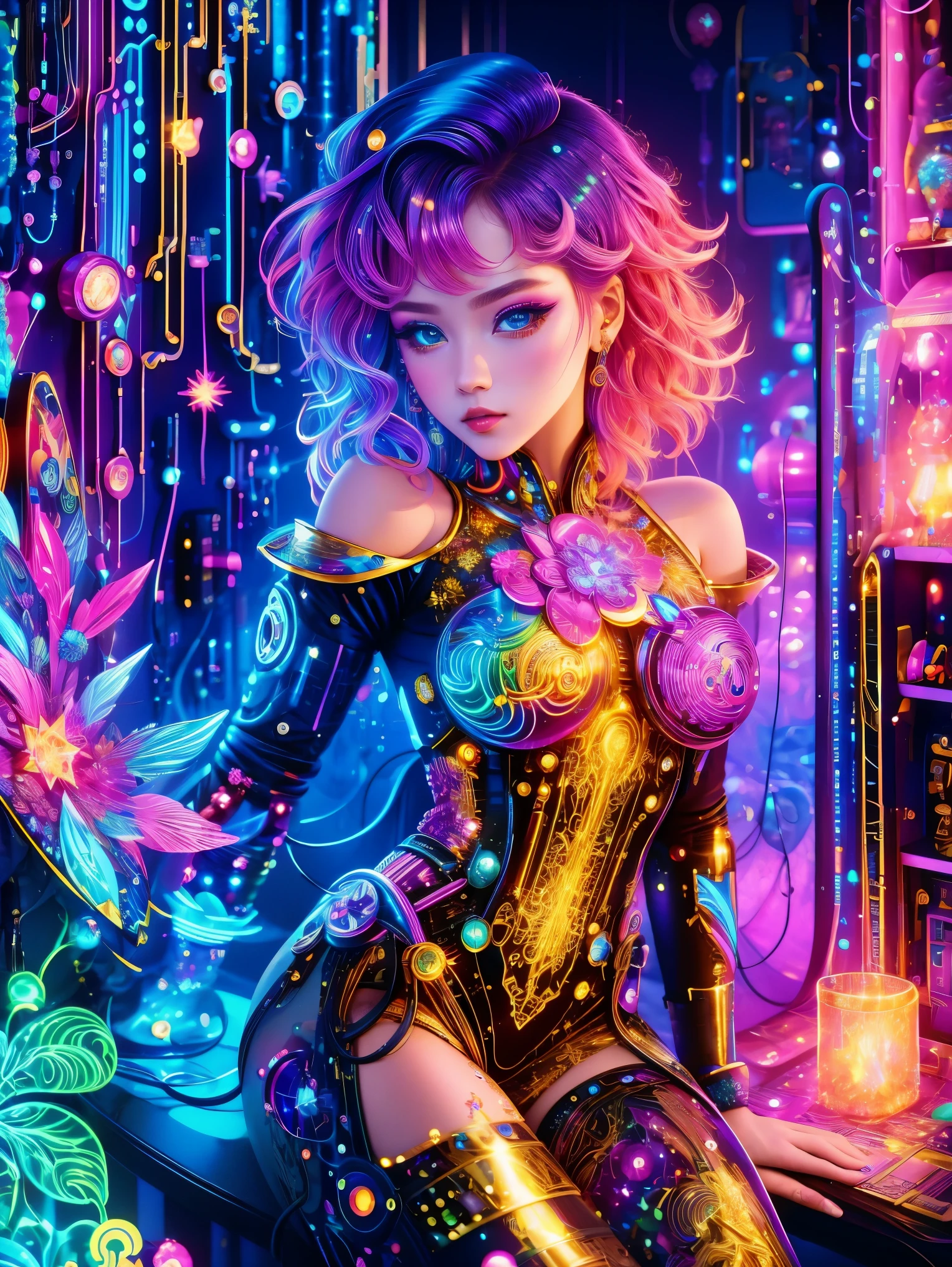 (Neon)，Circuit Board，(1girl:1.3)，(Beautiful Girl:1.2)，(Sailor Moon Fighting)，(Short red messy hair)，kaleidoscope，(Cyberpunk)，Steampunk，Dieselpunk and clockpunk，kaleidoscope采用热粉色，(Made of shiny gold plated and shiny silver plated)，Broken sparkling colored gemstones，Mixed Art，Mixed Art，Fractal Art，Zentangle Art，Design Art，Wonderful and mysterious，Fantasy World Pictures，A diverse visual style that incorporates a variety of artistic elements，Includes glittery rainbow pastels and bright colors，Best quality，very good，8k，absurd，Extremely detailed