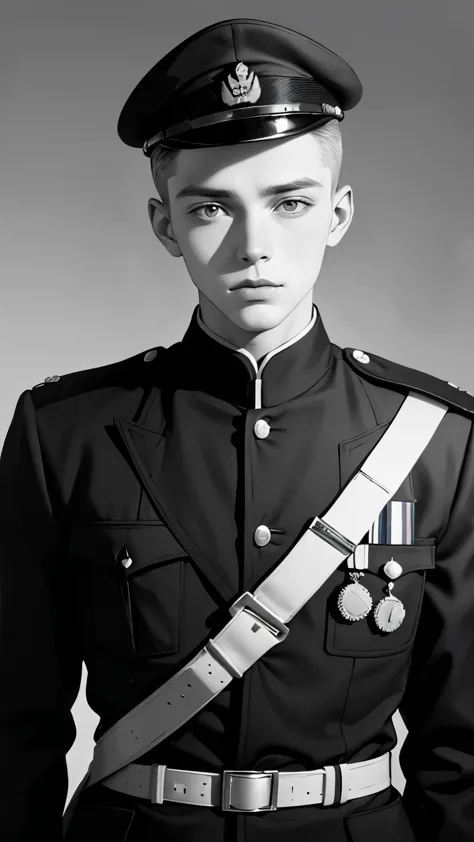 a black and white photo of a man in a uniform, a colorized photo by Eero Järnefelt, flickr, bauhaus, world war 2 portrait photo,...