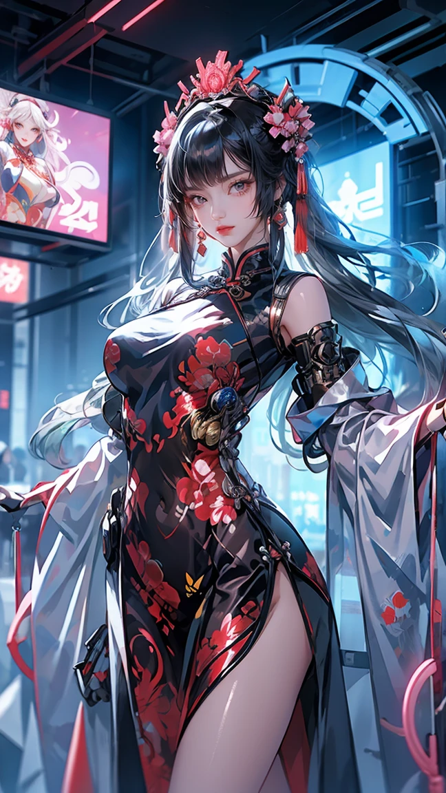 a woman in cheongsam, chinese_clothes, in pink, neon light, mechanical arm, mechanical leg, 1girl, drill hair, long hair, blonde hair, gradient hair, yellow eyes, solo, huge breasts, big hair, blue hair, tiara, divine goddess, looking at viewer, indoors, cyberpunk city, Headdress, hair ornament, a high-tech city, full of machinery and futuristic element, futurism, technology, sexy pose, dynamic pose, astraea, cyberhanfu 