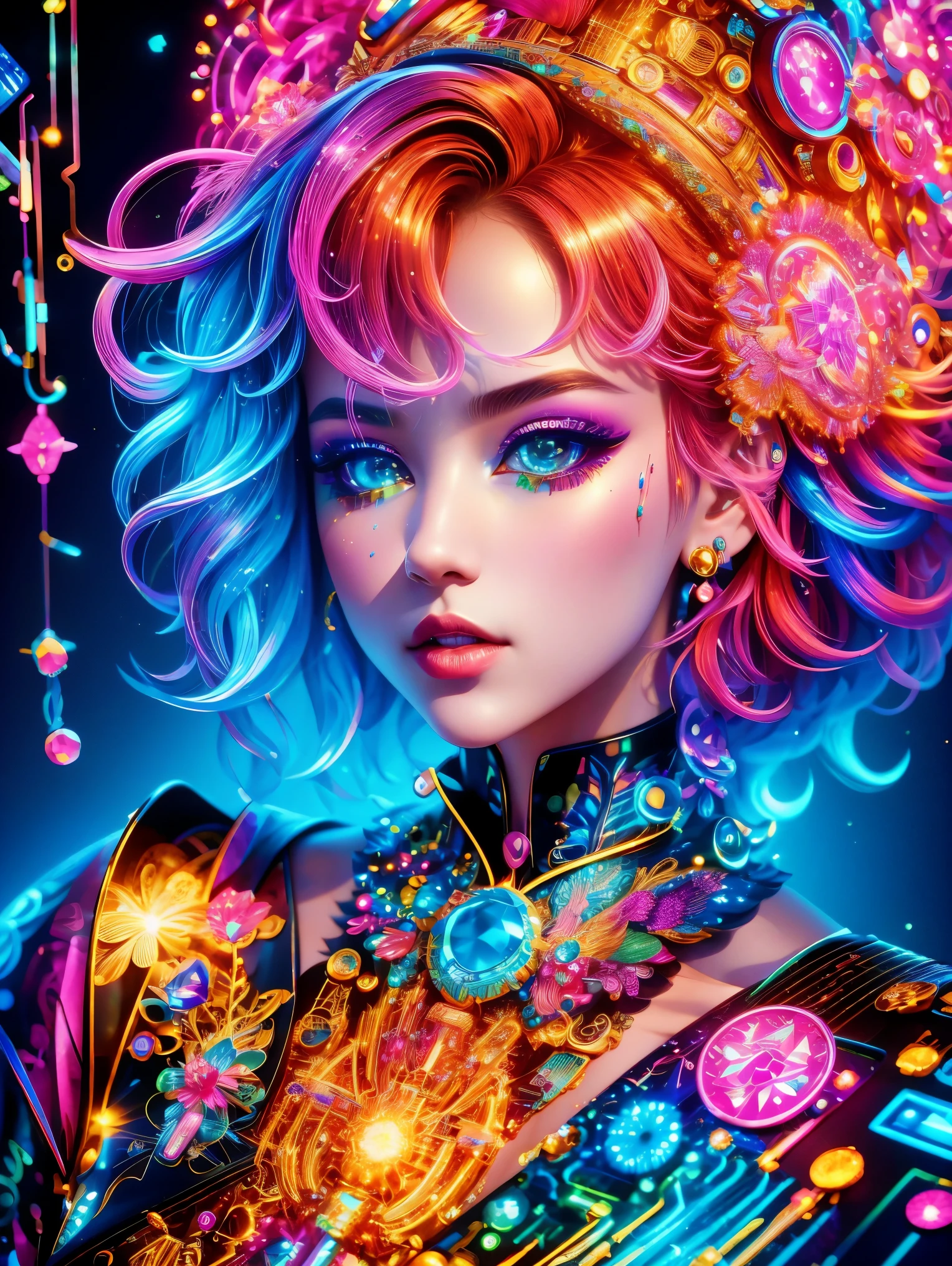 (Neon)，Circuit Board，(1girl:1.3)，(Beautiful Girl:1.2)，(Sailor Moon Fighting)，(Short red messy hair)，kaleidoscope，(Cyberpunk)，Steampunk，Dieselpunk and clockpunk，kaleidoscope采用热粉色，(Made of shiny gold plated and shiny silver plated)，Broken sparkling colored gemstones，Mixed Art，Mixed Art，Fractal Art，Zentangle Art，Design Art，Wonderful and mysterious，Fantasy World Pictures，A diverse visual style that incorporates a variety of artistic elements，Includes glittery rainbow pastels and bright colors，Best quality，very good，8k，absurd，Extremely detailed