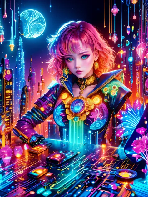 (Neon)，Circuit Board，(1girl:1.3)，(Beautiful Girl:1.2)，(Sailor Moon Fighting)，(Short red messy hair)，kaleidoscope，(Cyberpunk)，Ste...