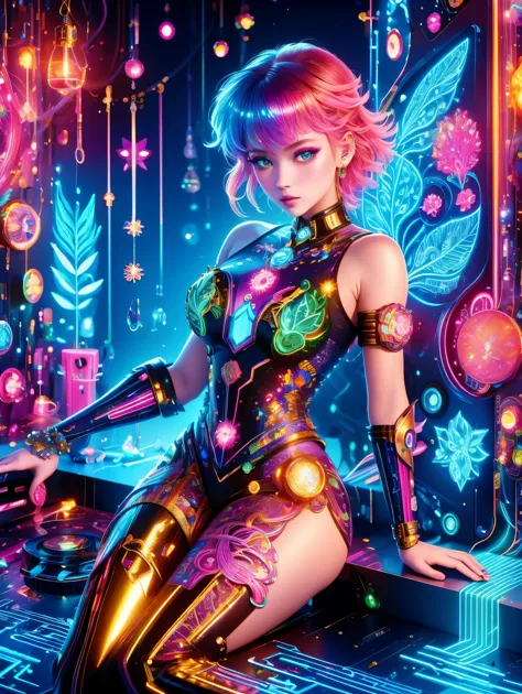 (Neon)，Circuit Board，(1girl:1.3)，(Beautiful Girl:1.2)，(Sailor Moon Fighting)，(Short red messy hair)，kaleidoscope，(Cyberpunk)，Ste...