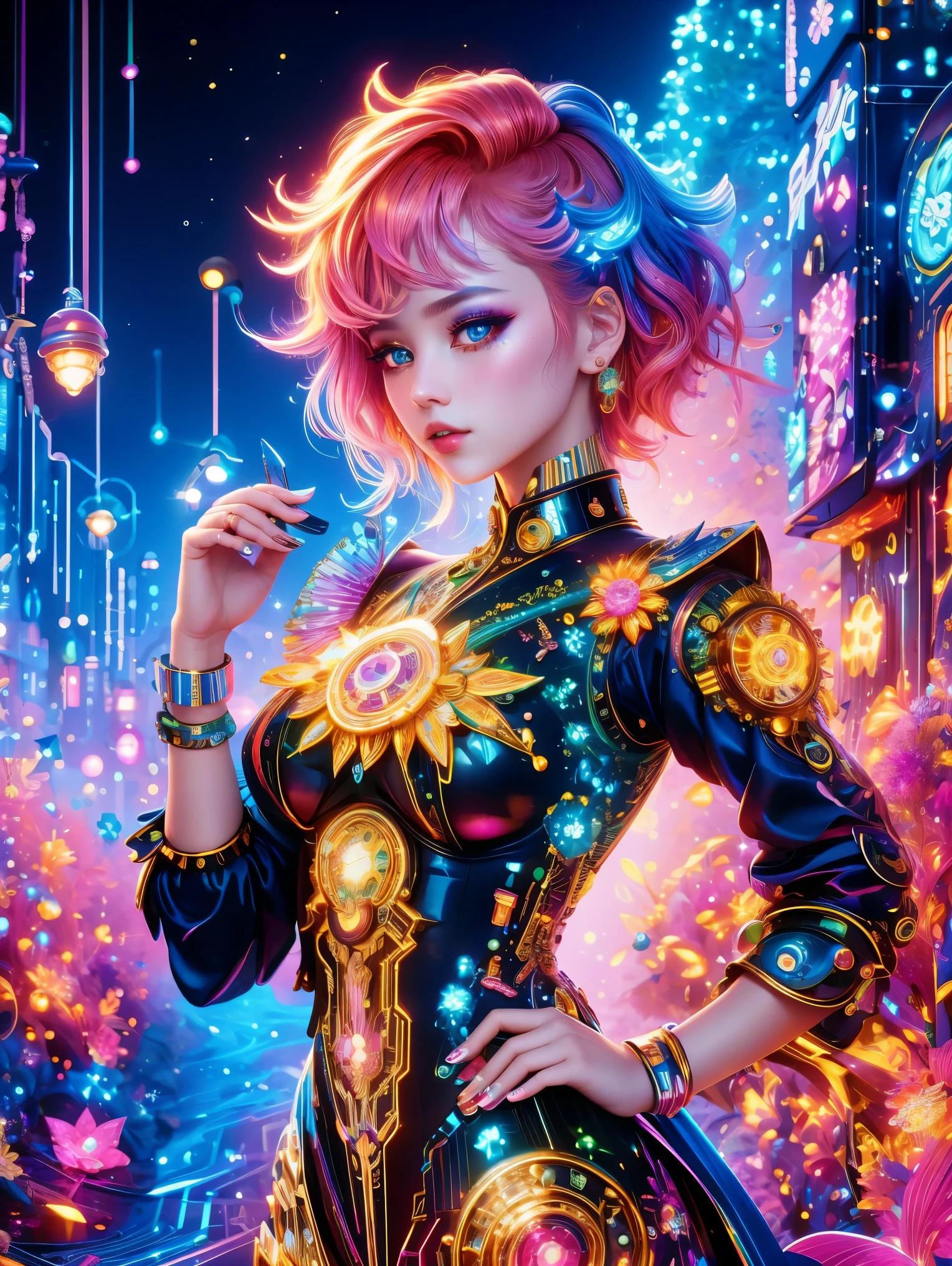 (Neon)，Circuit Board，(1girl:1.3)，(Beautiful Girl:1.2)，(Sailor Moon Fighting)，(Short red messy hair)，kaleidoscope，(Cyberpunk)，Steampunk，Dieselpunk and clockpunk，kaleidoscope采用热粉色，(Made of shiny gold plated and shiny silver plated)，Broken sparkling colored gemstones，Mixed Art，Mixed Art，Fractal Art，Zentangle Art，Design Art，Wonderful and mysterious，Fantasy World Pictures，A diverse visual style that incorporates a variety of artistic elements，Includes glittery rainbow pastels and bright colors，Best quality，very good，8k，absurd，Extremely detailed